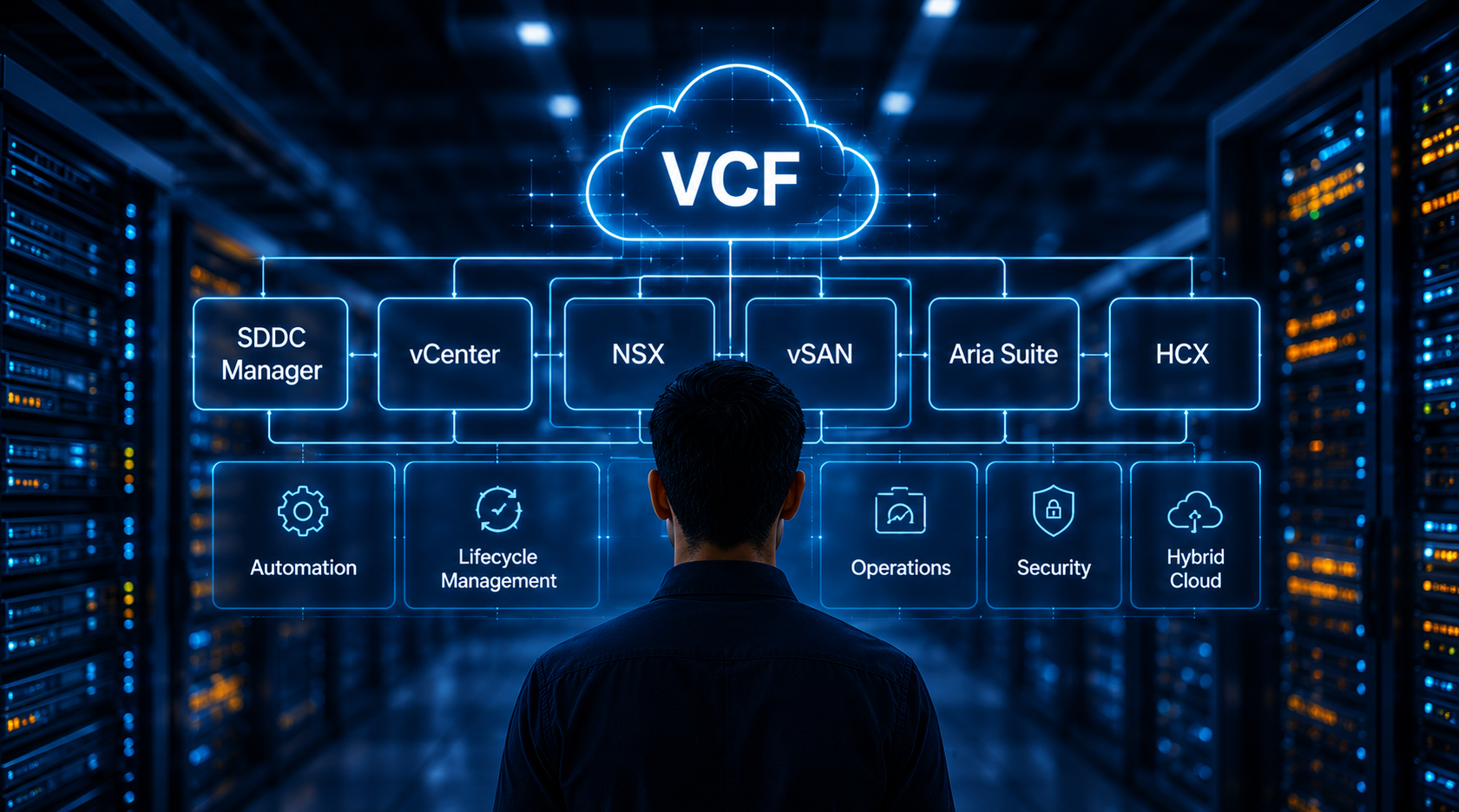 VMware Cloud Foundation (VCF) architecture: SDDC Manager, vCenter, NSX, vSAN, Aria Suite and HCX, with automation, lifecycle management, operations, security and hybrid cloud